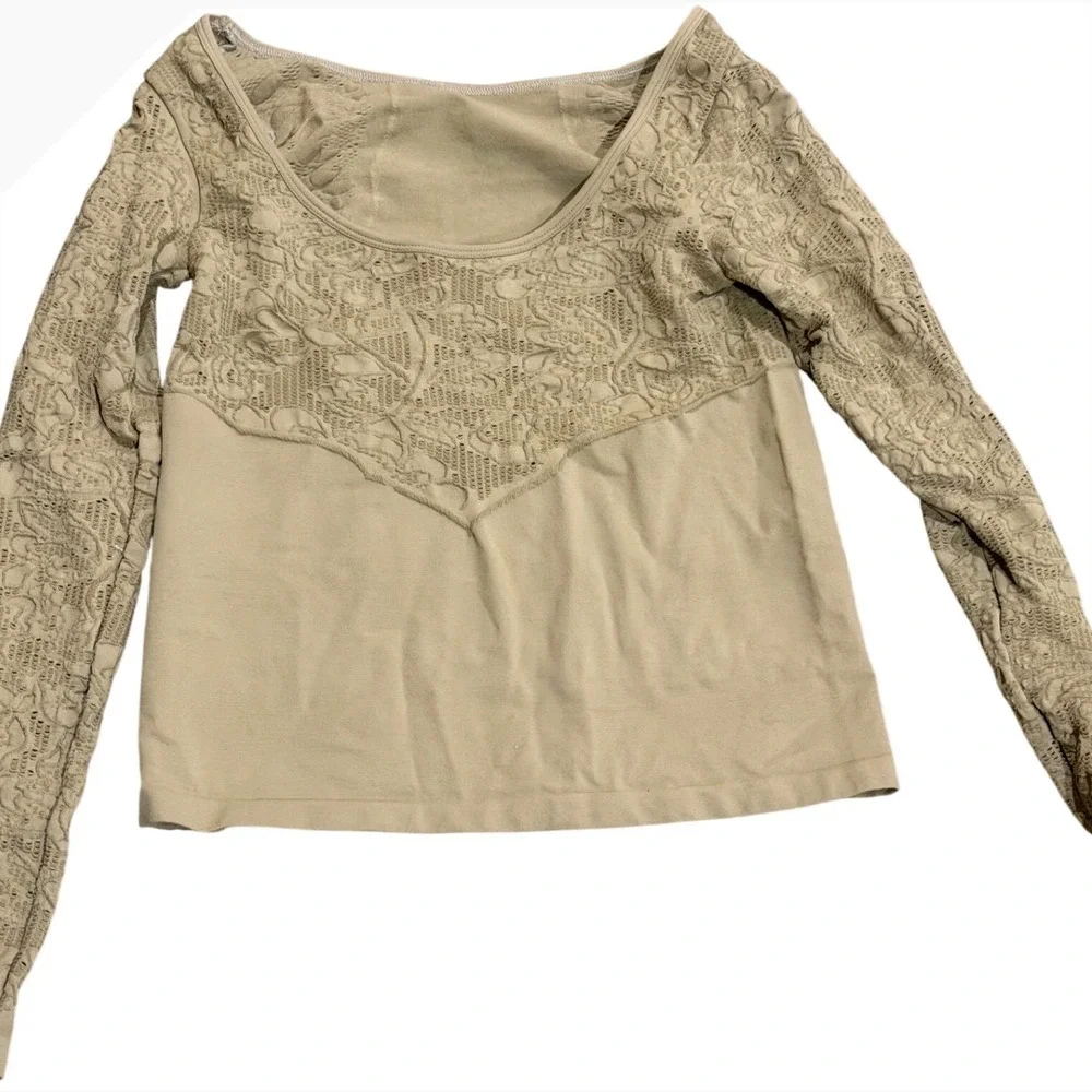 New Anthropologie Lace Detail Boat Neck‎ Long Sleeve Top Olive Green stretch s